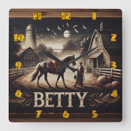 ホースアンドライダーニアバーンアットデュスク スクエア壁時計 (正面)