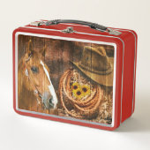 ホースカウボーイハットラッソーフラワーバ素朴ンボード メタルランチボックス (正面)