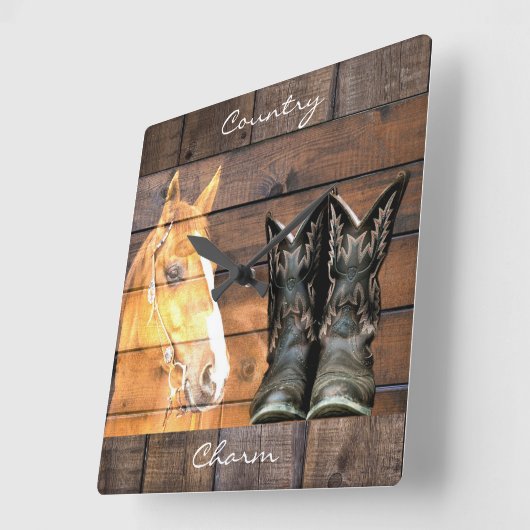 ホースカウボーイブーツバ素朴ーンボード スクエア壁時計 (傾斜)