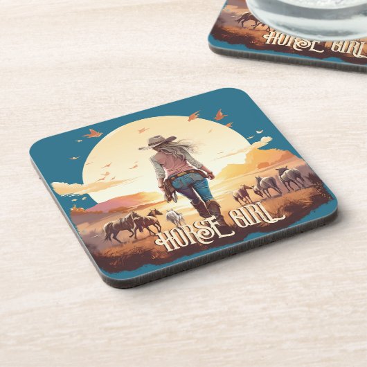 ホースガール女性のカーボーイ馬好き砂漠の夕日 コースター (左側)