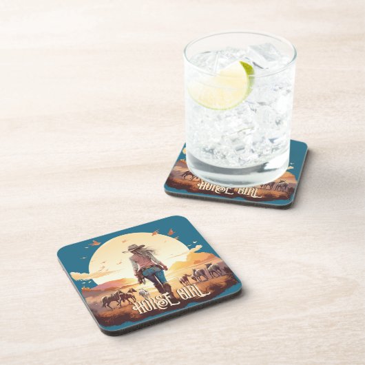 ホースガール女性のカーボーイ馬好き砂漠の夕日 コースター (右側)