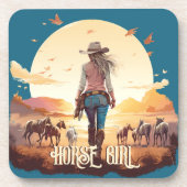 ホースガール女性のカーボーイ馬好き砂漠の夕日 コースター (正面)