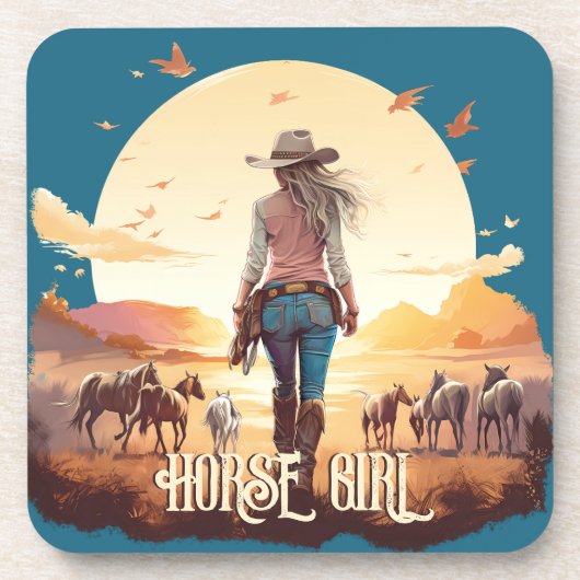 ホースガール女性のカーボーイ馬好き砂漠の夕日 コースター (正面)