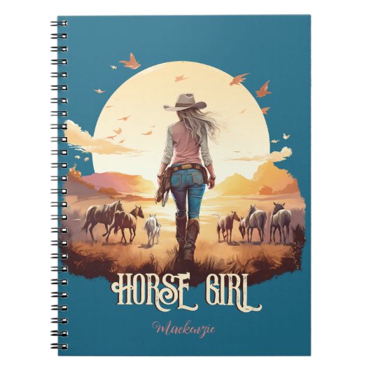 ホースガール女性のカーボーイ馬好き砂漠の夕日 ノートブック (正面)