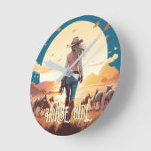 ホースガール女性のカーボーイ馬好き砂漠の夕日 ラウンド壁時計 (傾斜)