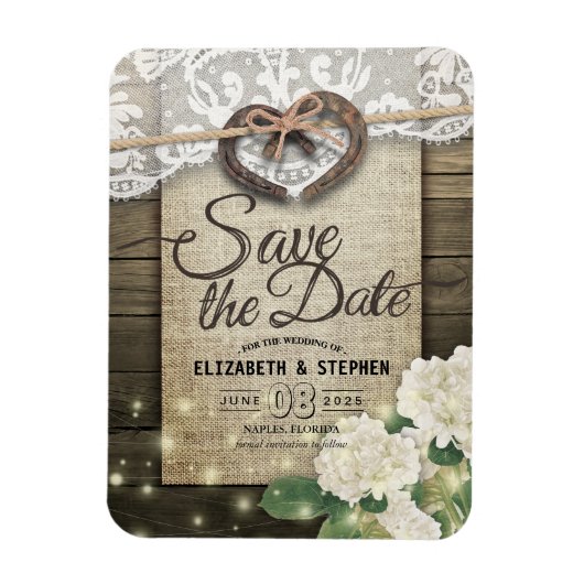 ホースシューズあじさい国の結婚式の日付を保存 マグネット (縦)