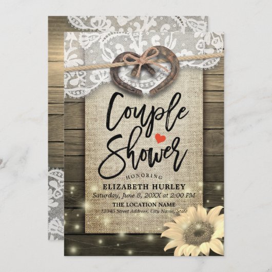 ホースシューズひまわりカップルのシャワーウェディングシャワー 招待状 (正面/裏面)