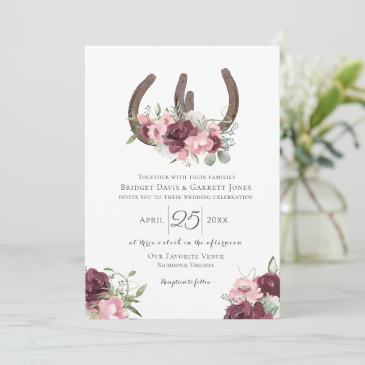 ホースシューズフローラバーガンディ結婚ピンク 招待状 (スタンド正面)