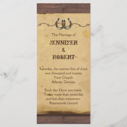 ホースシューズ素朴バーベッドワイヤ結婚式 プログラム (正面)