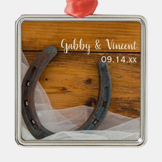 ホースシューズ&ブライダルヴェイルカントリーバ結婚ンズ メタルオーナメント (正面)