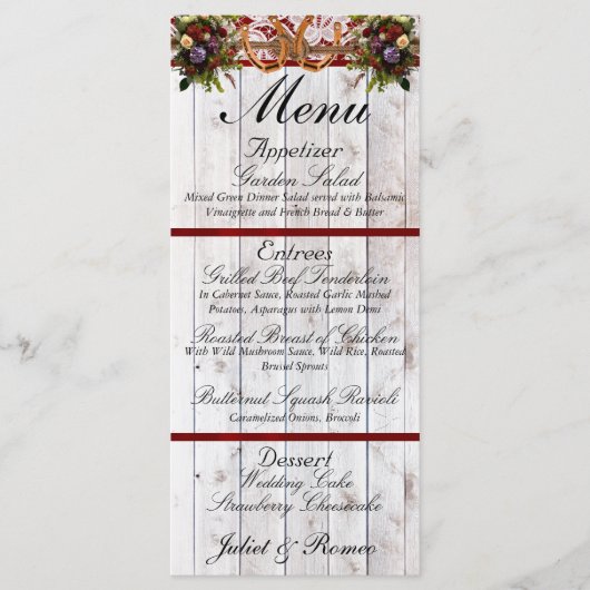 ホースシューズ、リボン&レース – 赤結婚の メニュー (正面)