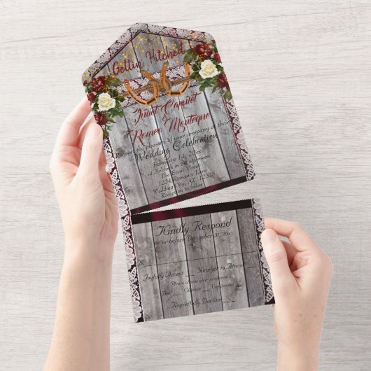 ホースシューズ&レースゲットンヒッチン結婚ズ オールインワン招待状 (貼ってはがせる)