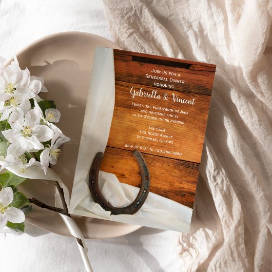 ホースシューホワイトサテンウエスタンリハーサルディナー 招待状