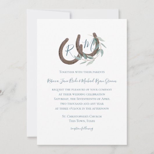 ホースシューモノグラムセージ植物水色 招待状 (正面)