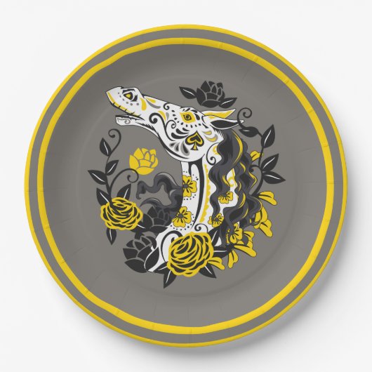 ホーススカルとイエローローズディアデロスミュートス ペーパープレート (正面)