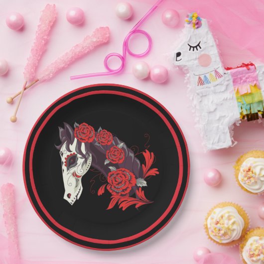 ホーススカルとレッドローゼスディアスデロスムエルトス ペーパープレート (パーティー)