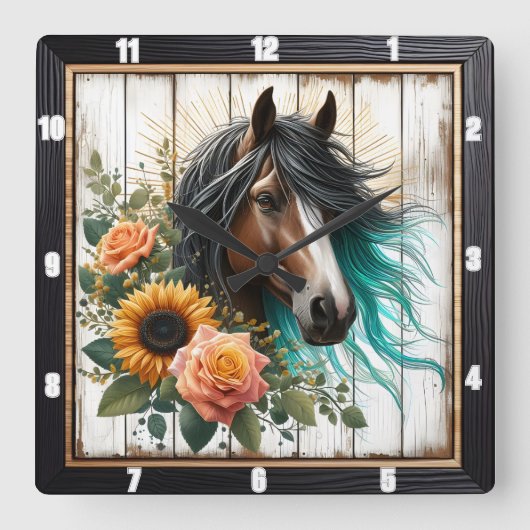 ホースターコイズマネフローラ スクエア壁時計 (正面)