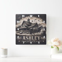 ホースニアヴィンテージ納屋と山 スクエア壁時計