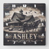 ホースニアヴィンテージ納屋と山 スクエア壁時計 (正面)