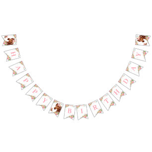 ホースハッピーバースデーガールピンクフローラサドルポニー バンティングフラッグ