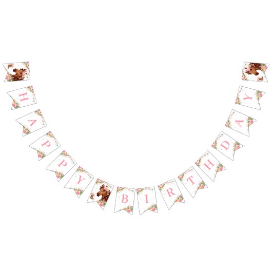 ホースハッピーバースデーガールピンクフローラサドルポニー バンティングフラッグ (全)