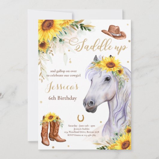 ホースバースデーパーティー女性のカーボーイひまわり誕生日 招待状 (正面)