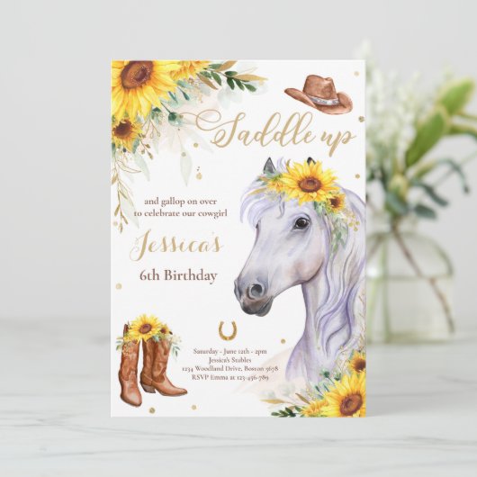 ホースバースデーパーティー女性のカーボーイひまわり誕生日 招待状 (スタンド正面)