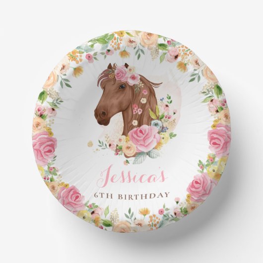 ホースバースデーパーティー女性のカーボーイピンクフローラ誕生日 ペーパーボウル (正面)