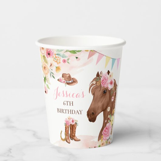 ホースバースデーパーティー女性のカーボーイピンクフローラ誕生日 紙コップ (裏面)