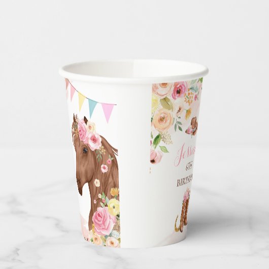 ホースバースデーパーティー女性のカーボーイピンクフローラ誕生日 紙コップ (左)
