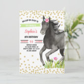 ホースバースデーパーティー金ゴールドグリッターピンクフローラ 招待状 (スタンド正面)