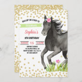 ホースバースデーパーティー金ゴールドグリッターピンクフローラ 招待状 (正面/裏面)