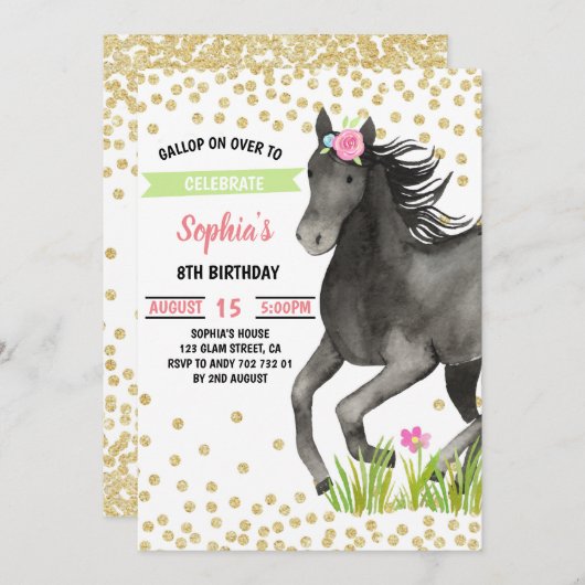ホースバースデーパーティー金ゴールドグリッターピンクフローラ 招待状 (正面/裏面)