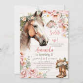 ホースピンクフローラガールサドルアップ女性のカーボーイ誕生日 招待状 (正面)
