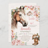 ホースピンクフローラガールサドルアップ女性のカーボーイ誕生日 招待状 (正面/裏面)