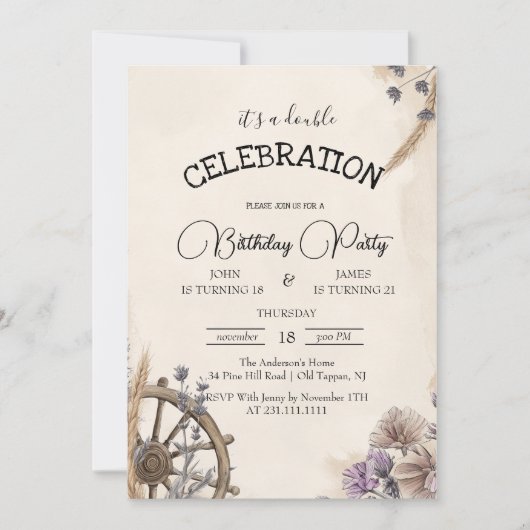 ホースホイールフローラダブル子供の誕生日パーティー 招待状 (正面)