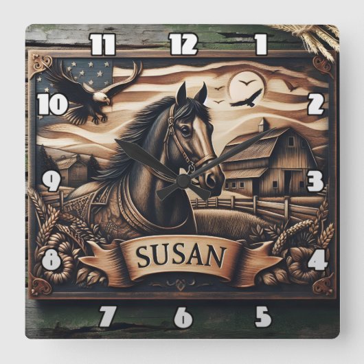 ホースポートレートウインアンドイーグルズアットダスク スクエア壁時計 (正面)