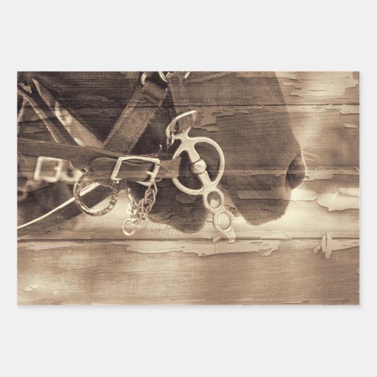 ホースヴィンテージウエスタンセピアウッドデ素朴コパージュ ラッピングペーパーシート (正面)