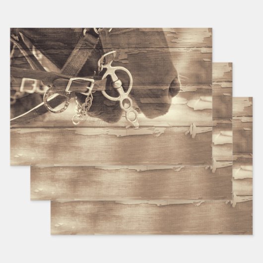 ホースヴィンテージウエスタンセピアウッドデ素朴コパージュ ラッピングペーパーシート (セット)