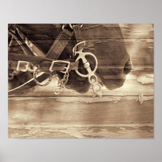 ホースヴィンテージウエスタンセピア素朴カントリーウッド ポスター (正面)