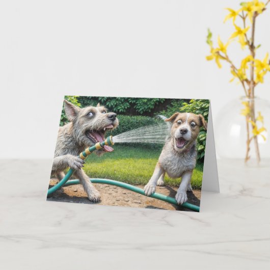 ホース付きアニバーサリーユーモア犬 カード (黄色い花)