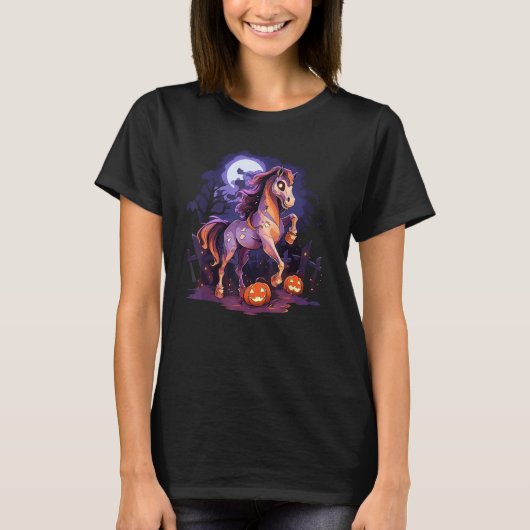 ホース幽霊スカル顔不気味ハロウィーンのカボチャのちょうちんガールズ Tシャツ (正面)