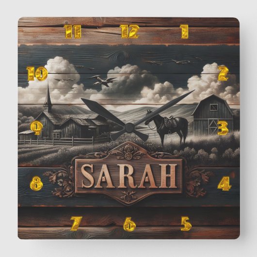 ホース素朴ポートレートニアファームハウスアットデュスク スクエア壁時計 (正面)