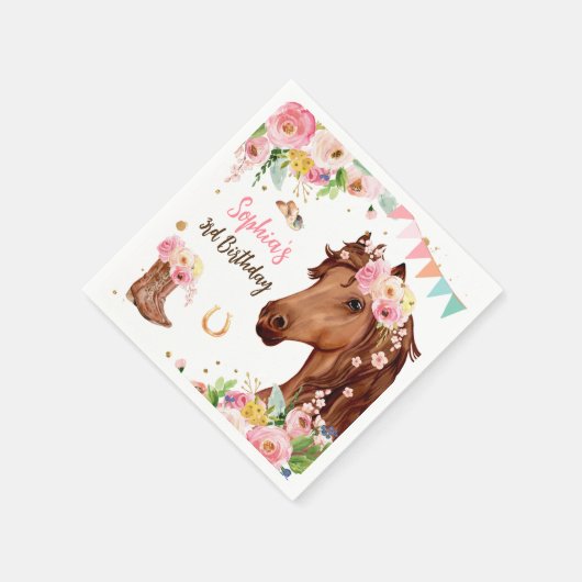 ホース誕生日ガール女性のカーボーイピンクフローラパーティー スタンダードカクテルナプキン (角)