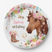 ホース誕生日ガール女性のカーボーイピンクフローラパーティー ペーパープレート (正面)