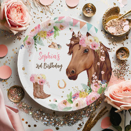 ホース誕生日ガール女性のカーボーイピンクフローラパーティー ペーパープレート