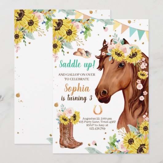 ホース誕生日招待状ガール女性のカーボーイサンフラワーズポニー 招待状 (正面/裏面)