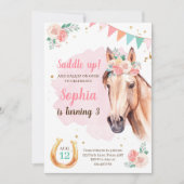 ホース誕生日招待状ガール女性のカーボーイピンクウォーター色 招待状 (正面)