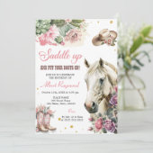 ホース誕生日招待状ガール女性のカーボーイピンクフローラ 招待状 (スタンド正面)