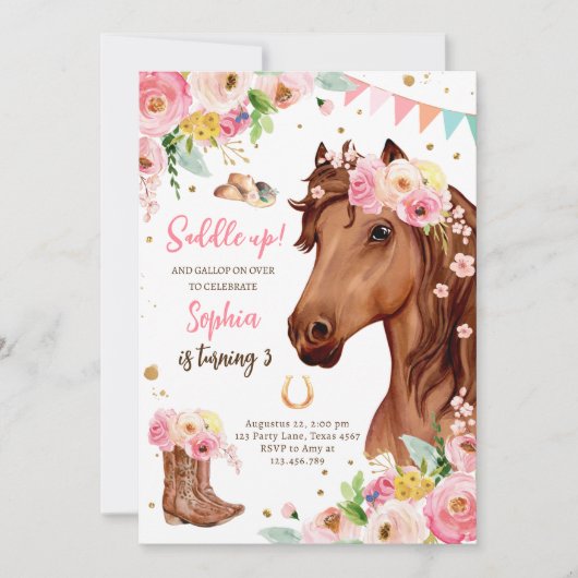 ホース誕生日招待状ガール女性のカーボーイピンクフローラ 招待状 (正面)